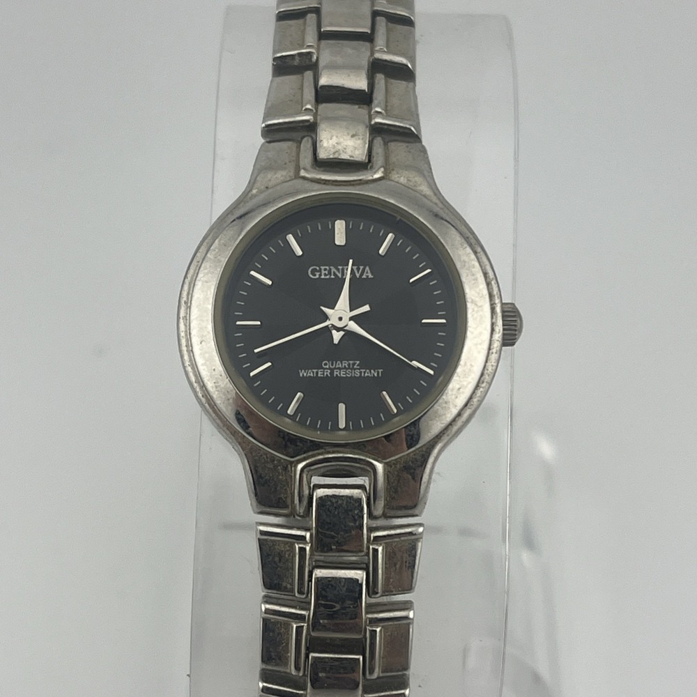 Geneva Watch Women 25mm Case Black Dial 7.25" Silver Band- New Battery